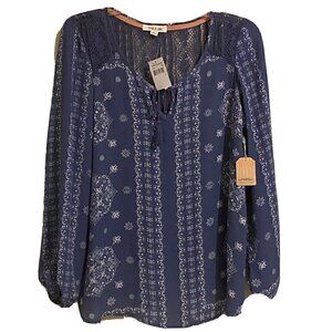 Taylor & Sage Women’s Top Size S Long Sleeves Tie Front Blue/White Lace Back